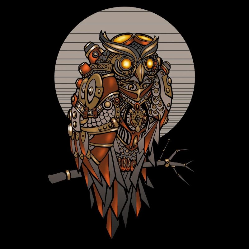 Steampunk owl in colored mechanical geometric
