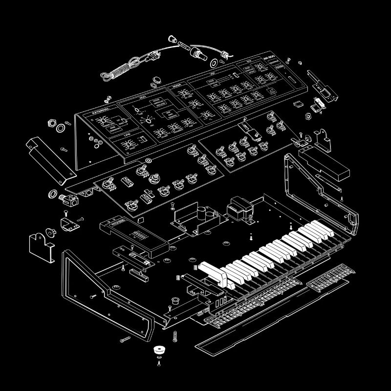 Analogsynthsizer in Explosionszeichnung