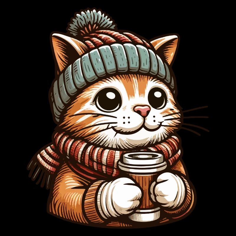 niedliche Katze mit Kaffee und Winterkleidung