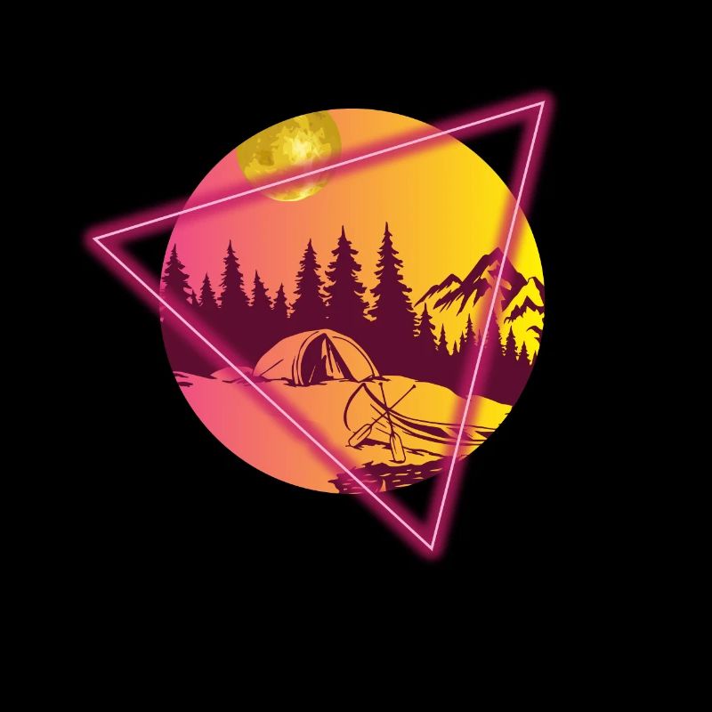 Camping river and mountains retro sunset orange pink