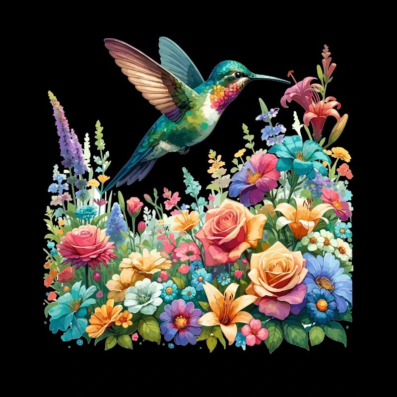 Colibri dans un jardin de fleurs colorées