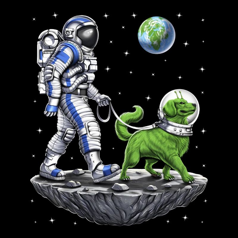 Astronaute de l’espace promenant un chien extraterrestre