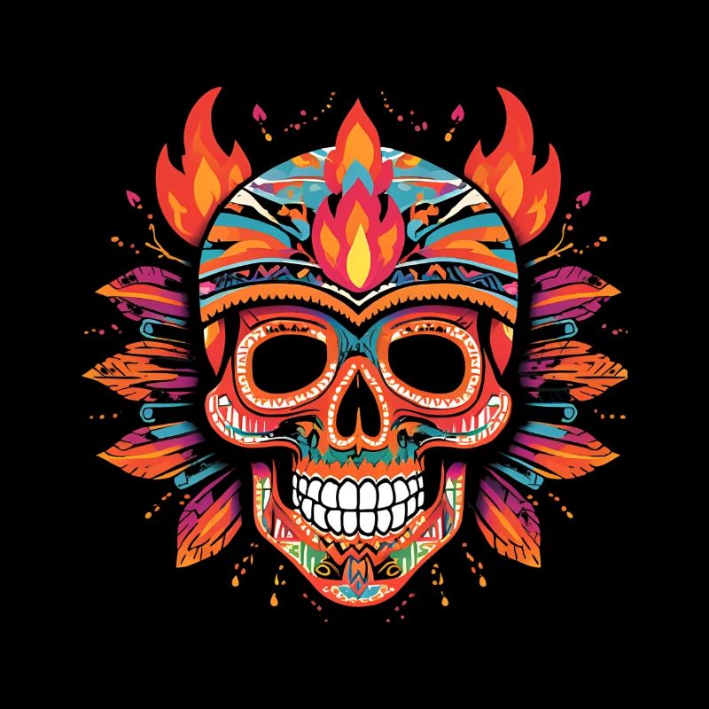 Colorful Skull Skull with Flames