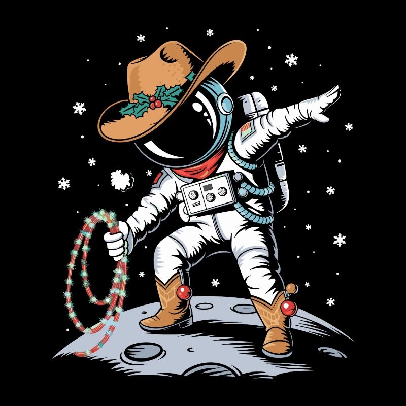 Astronaute avec chapeau de Père Noël et décoration dans l’espace