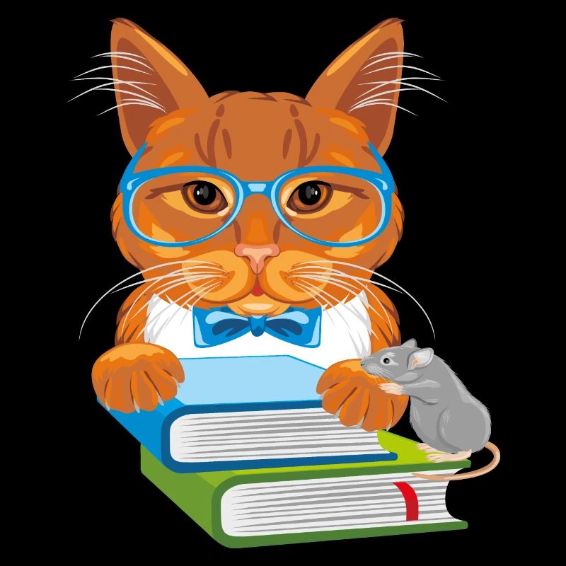 Smart ginger cat with books and funny mouse