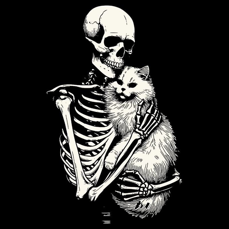 Skeleton hugging cat