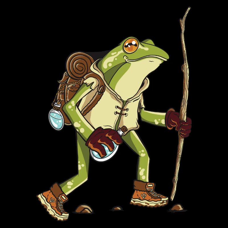 Comic Wander Frog with Backpack and Stick