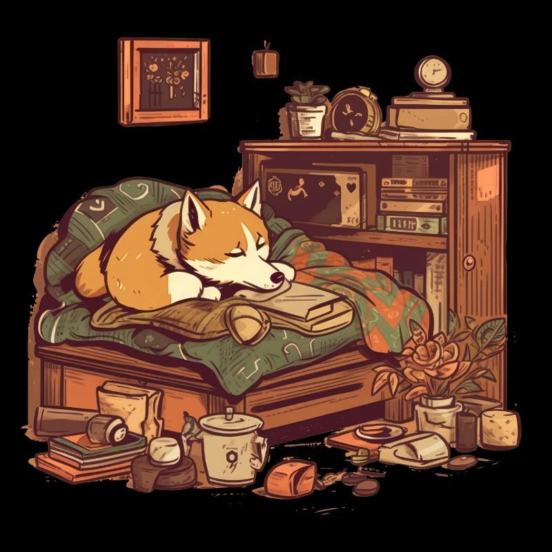 Dog Shiba Inu sleeps while reading