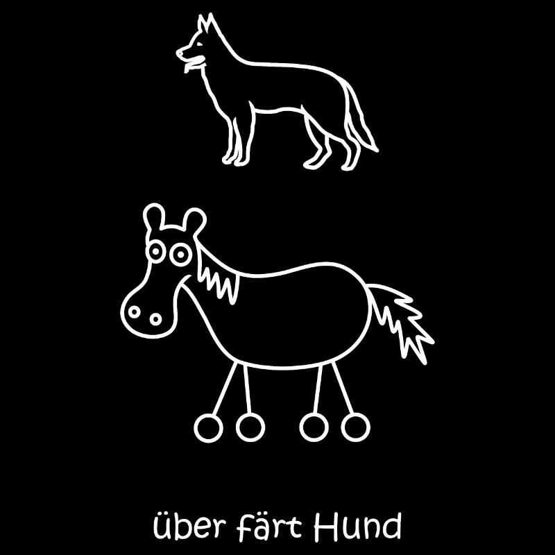 über färt hund, lustiges Pferd mit Rädern und Hund