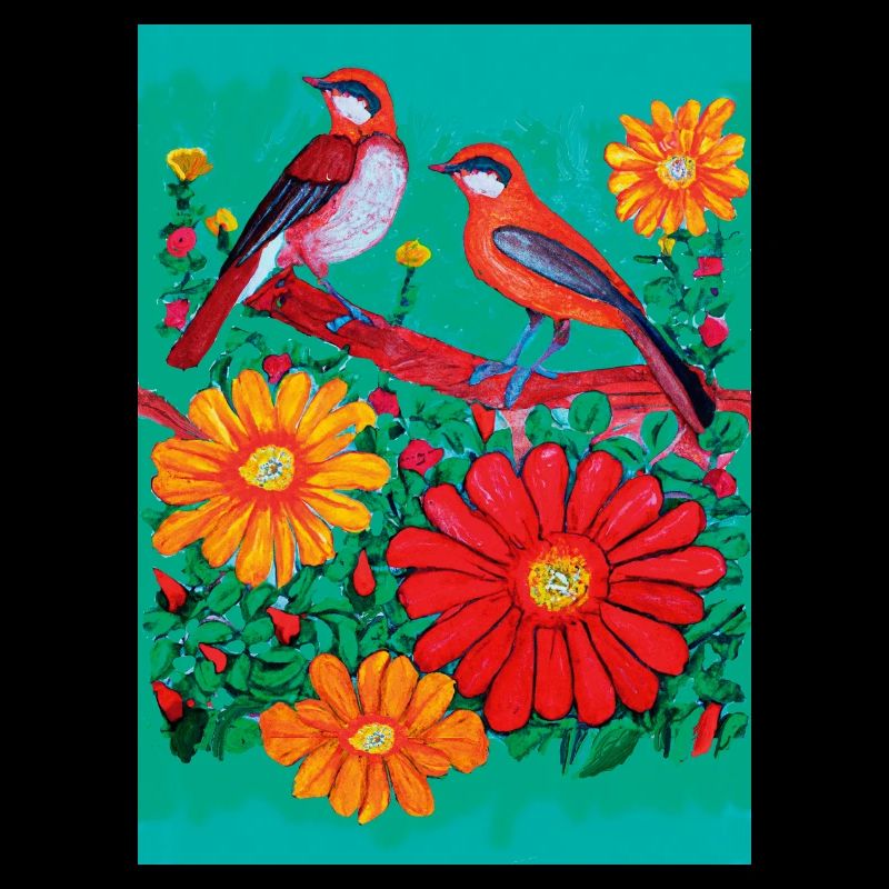 Deux oiseaux dans le jardin avec des fleurs