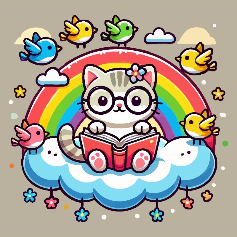Katze liest ein Buch auf einer Wolke