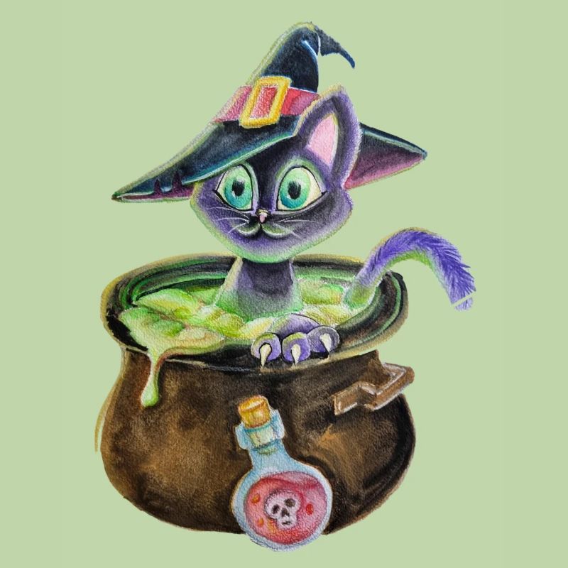 Chat sorcière dans une marmite