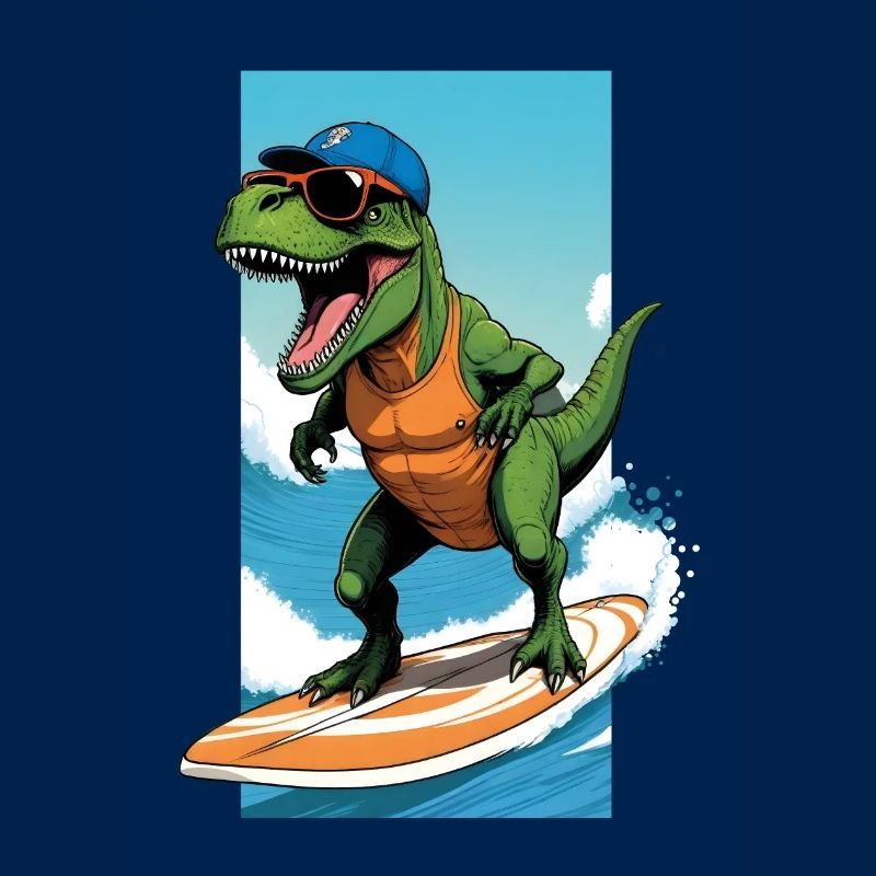 Cool dino T-Rex on surfboard rides on wave