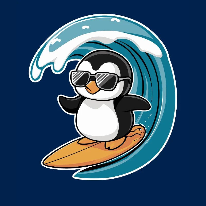Cool penguin on surfboard under wave