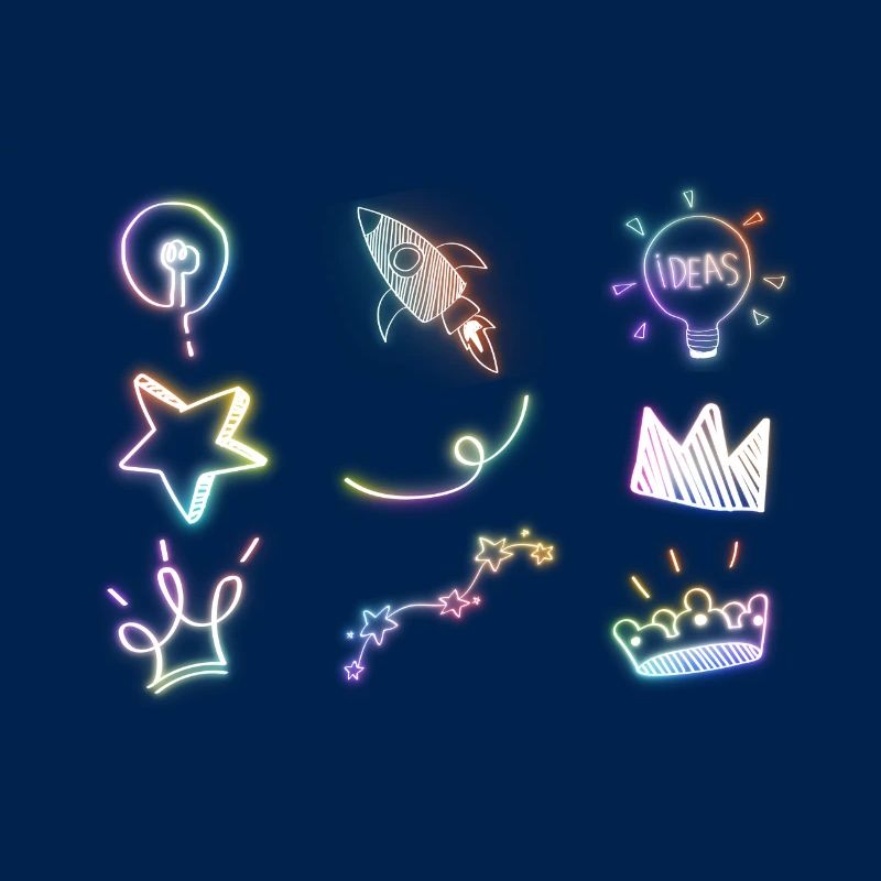 Rainbow doodle glow neon icon element set