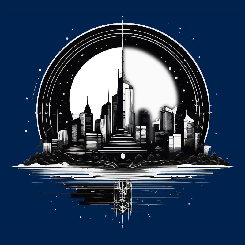 Architecture, City in Moonlight with Reflection