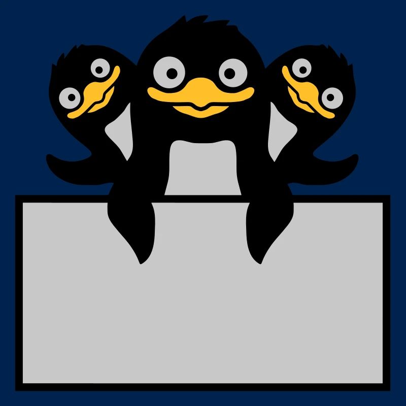3 penguins behind shield