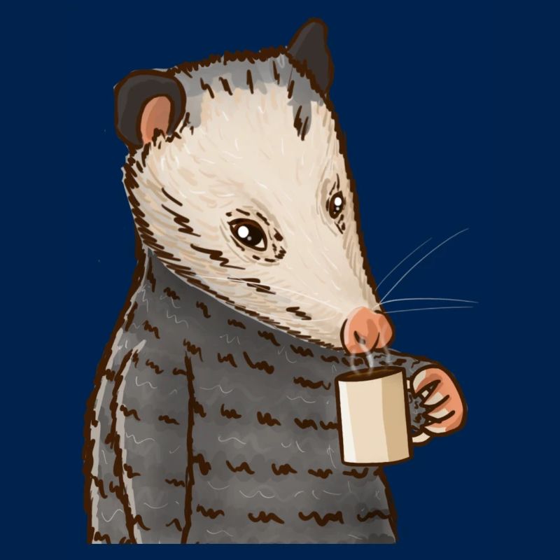 Opossum drinks coffee