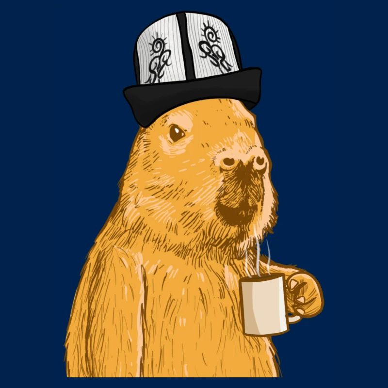 Capybara avec un drôle de chapeau et du café