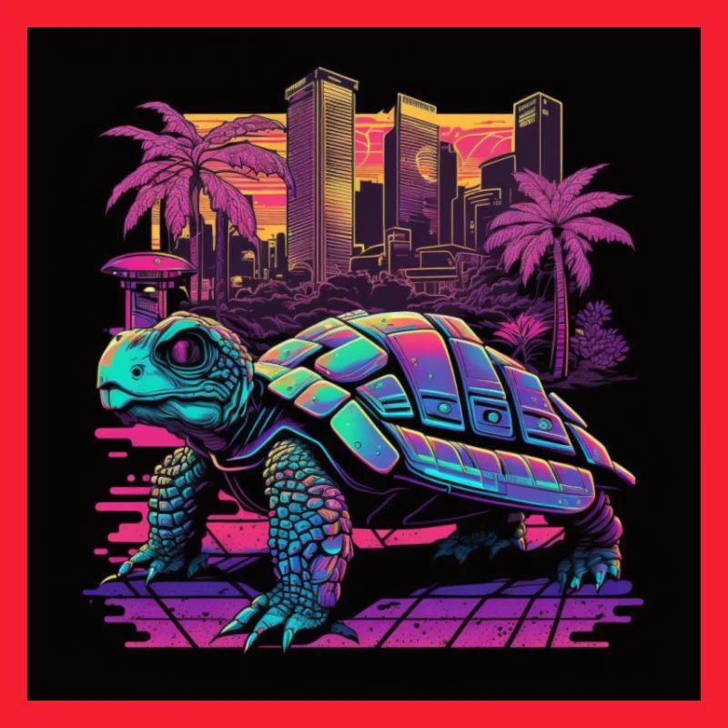 Turtle with neon colors, synthwave / 80s