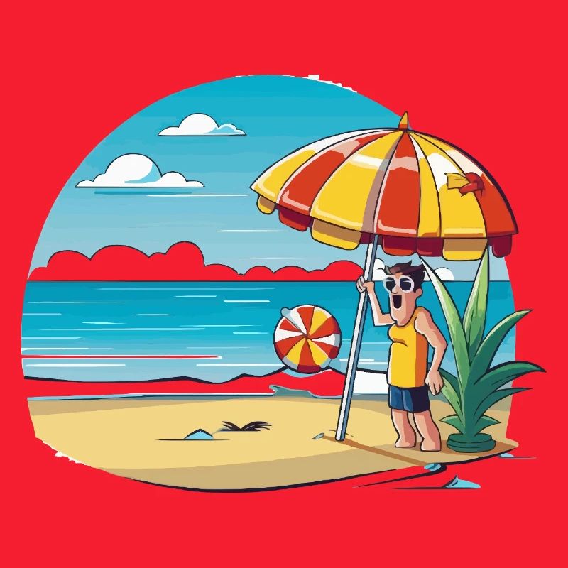 Dessin animé de vacances à la plage avec parapluie