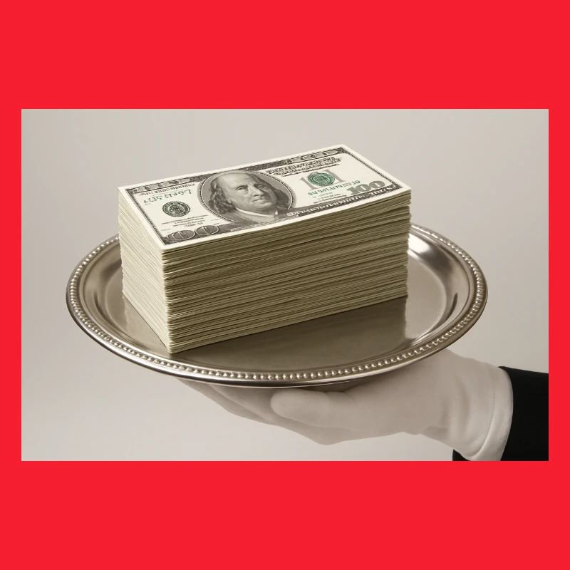 Stack of banknotes on a silver tray