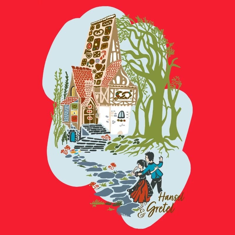 Hansel et Gretel devant la maison de la sorcière