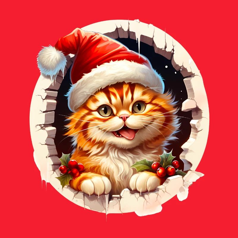 Chat de Noël sortant d’un trou