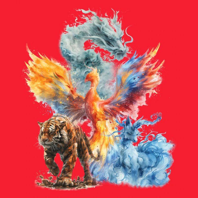Wasserfarbener Phönix Tiger Drache