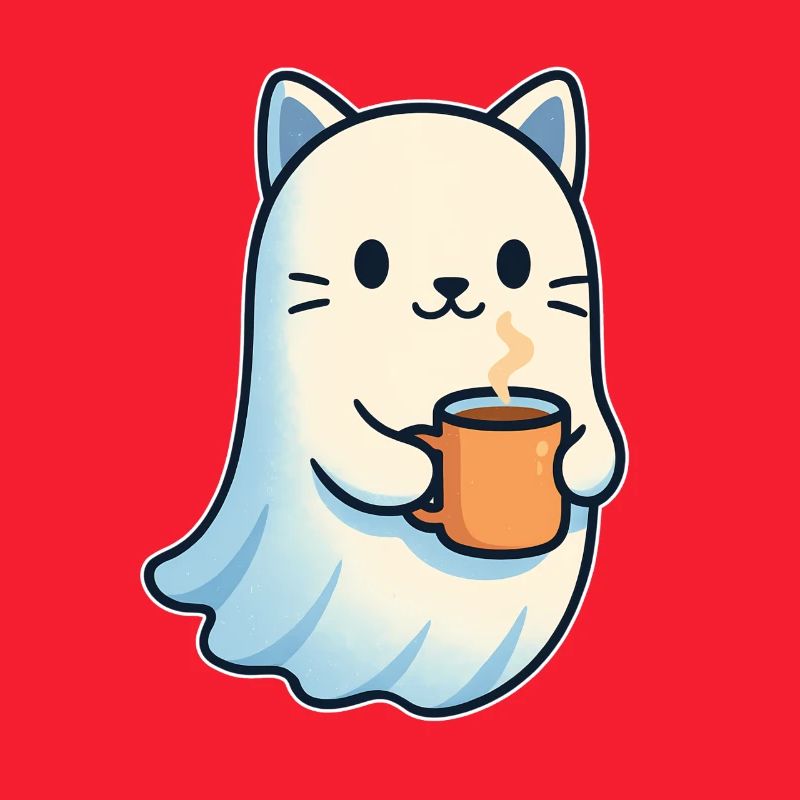 Coffee Ghost Cat with Mug