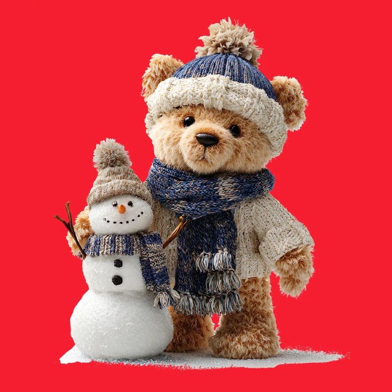 Teddybär baut einen Schneemann