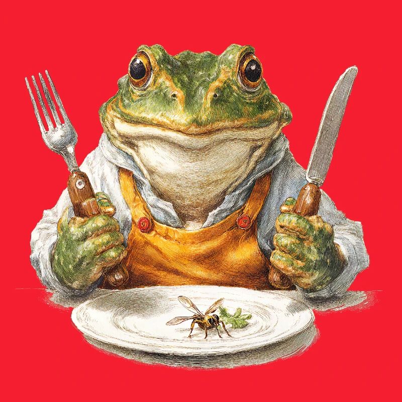 Frog chef with fork and knife