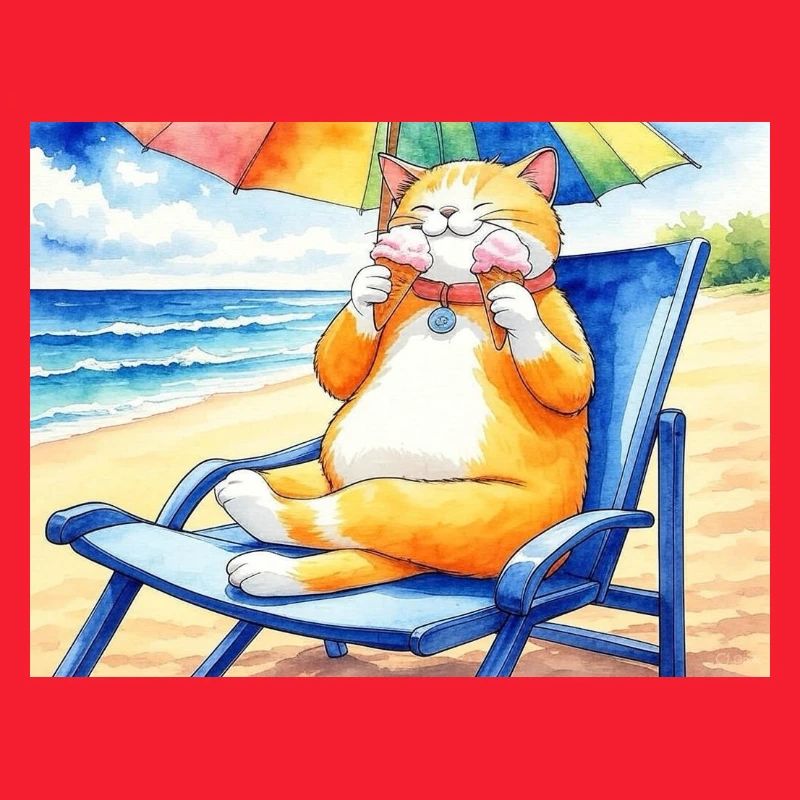 Katze am Strand mit Eiscreme