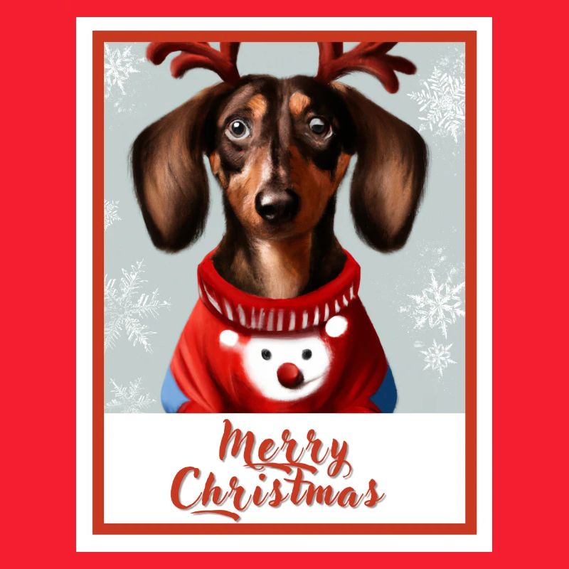 Portrait d’un teckel dans un pull de Noël rouge