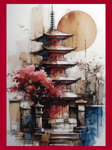 Zen-Sonne-Aquarellpagode