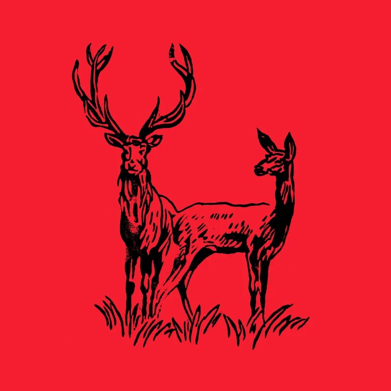 Deer and Roe Deer - Retro Stamp Pattern