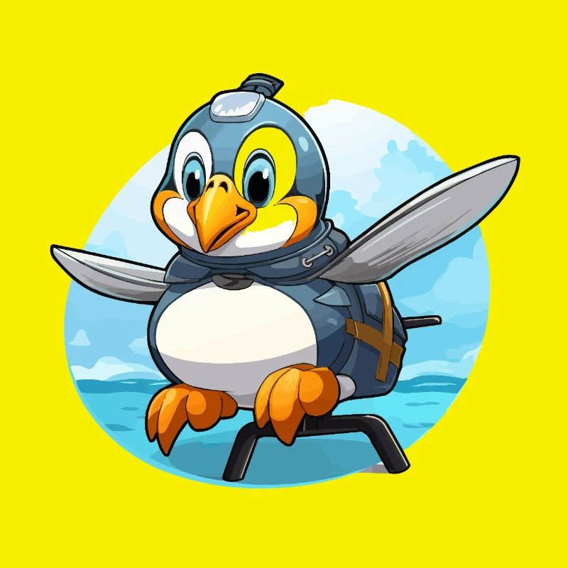 Flying penguin with backpack