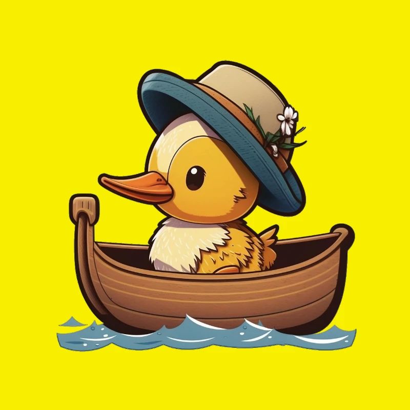 Canard mignon en bateau à rames avec chapeau d’été et fleur