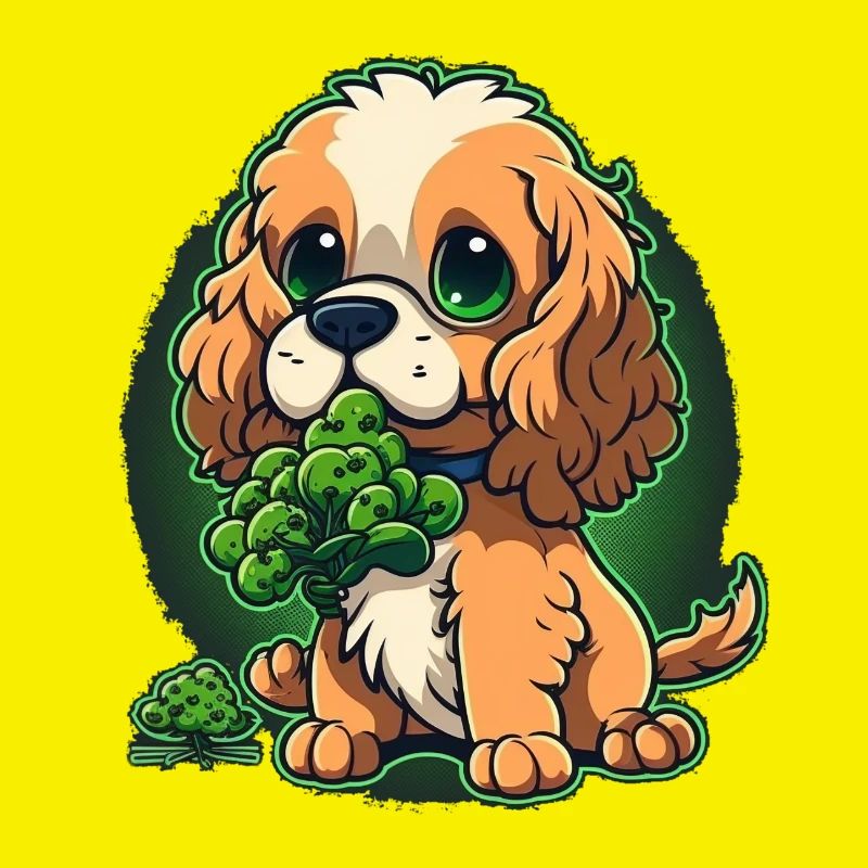 Cute dog eats broccoli vegetables