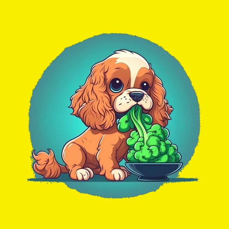 Cute dog eats broccoli vegetables