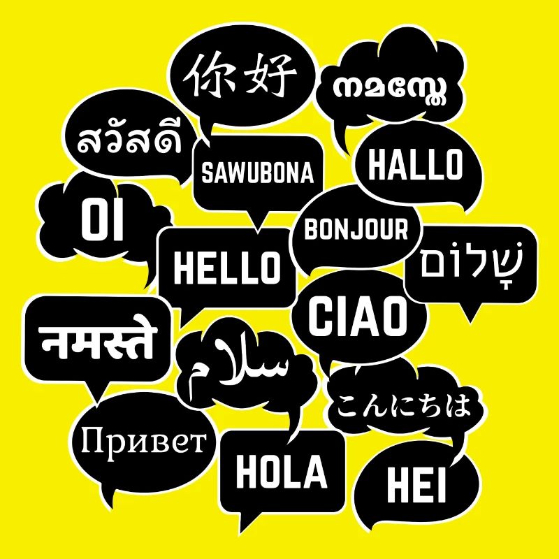 Speech bubbles "Hello" in different languages