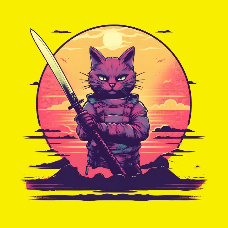 Synthwave samouraï Cat coucher de soleil