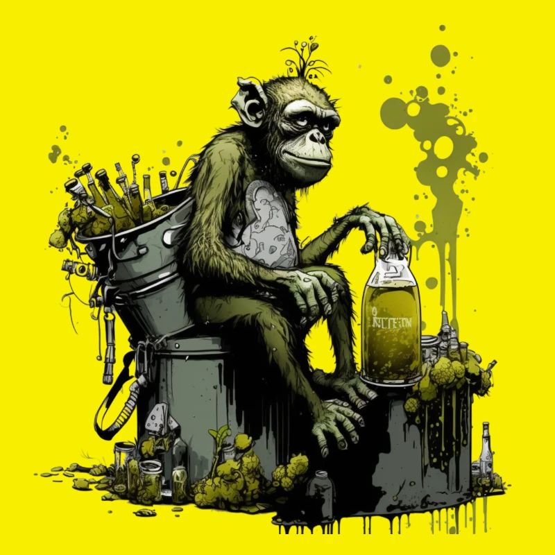 Chimpanzés devant la bouilloire de brassage, front spécial