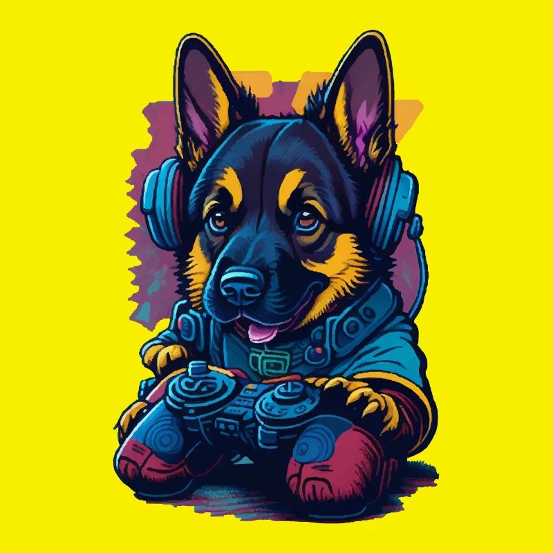 German Shepherd puppy plays with game control