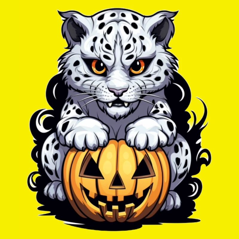 Léopard des neiges avec citrouille d’Halloween