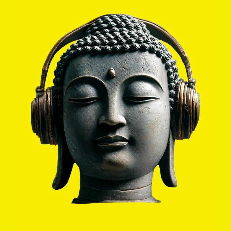 Buddha mit Kopfhörern Achtsamkeit Musik Boho Zen