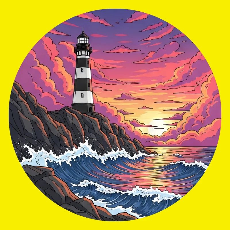Comic Lighthouse Sea Surf Sunset