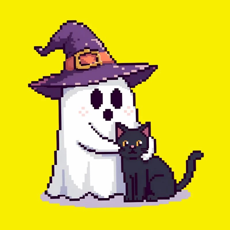 Pixel Geist mit Hexenhut & Katze – Halloween