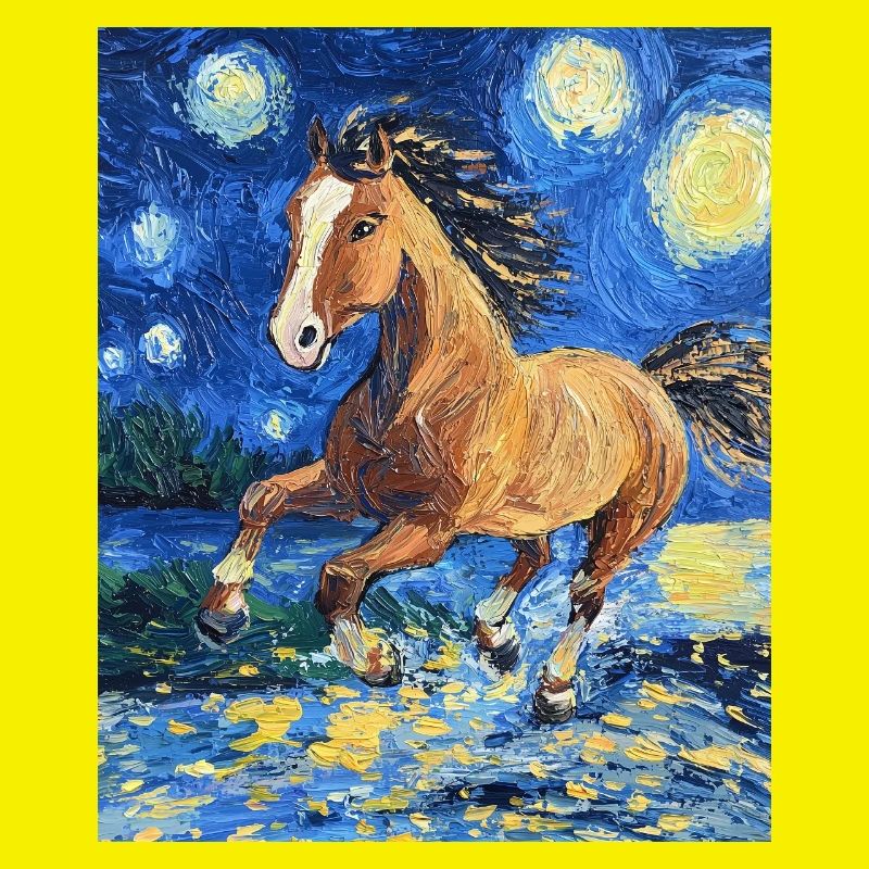 Cheval Chevaux Cavalier Style Van Gogh Nuit étoilée