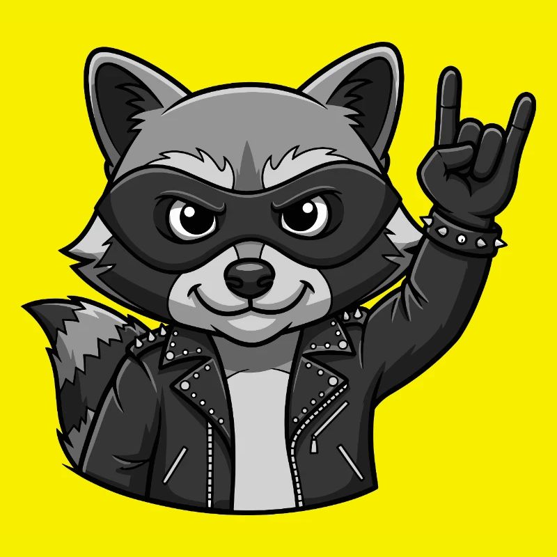 Rocker Waschbär mit Rock On Geste